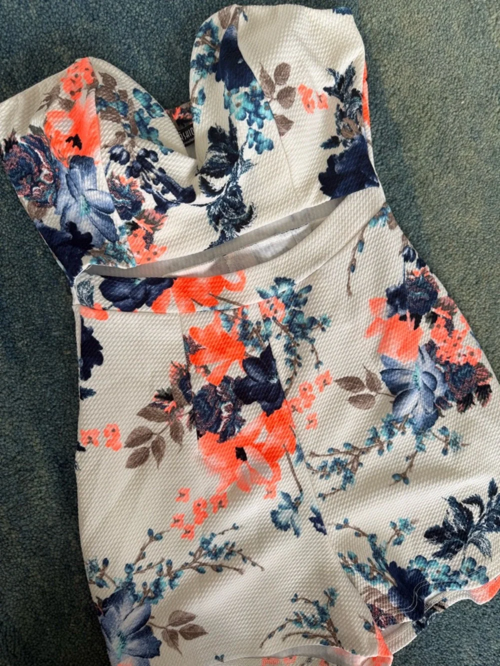 Fashion Nova White Floral Sweetheart Romper with Coral & Navy Accents - Picture 2 of 4